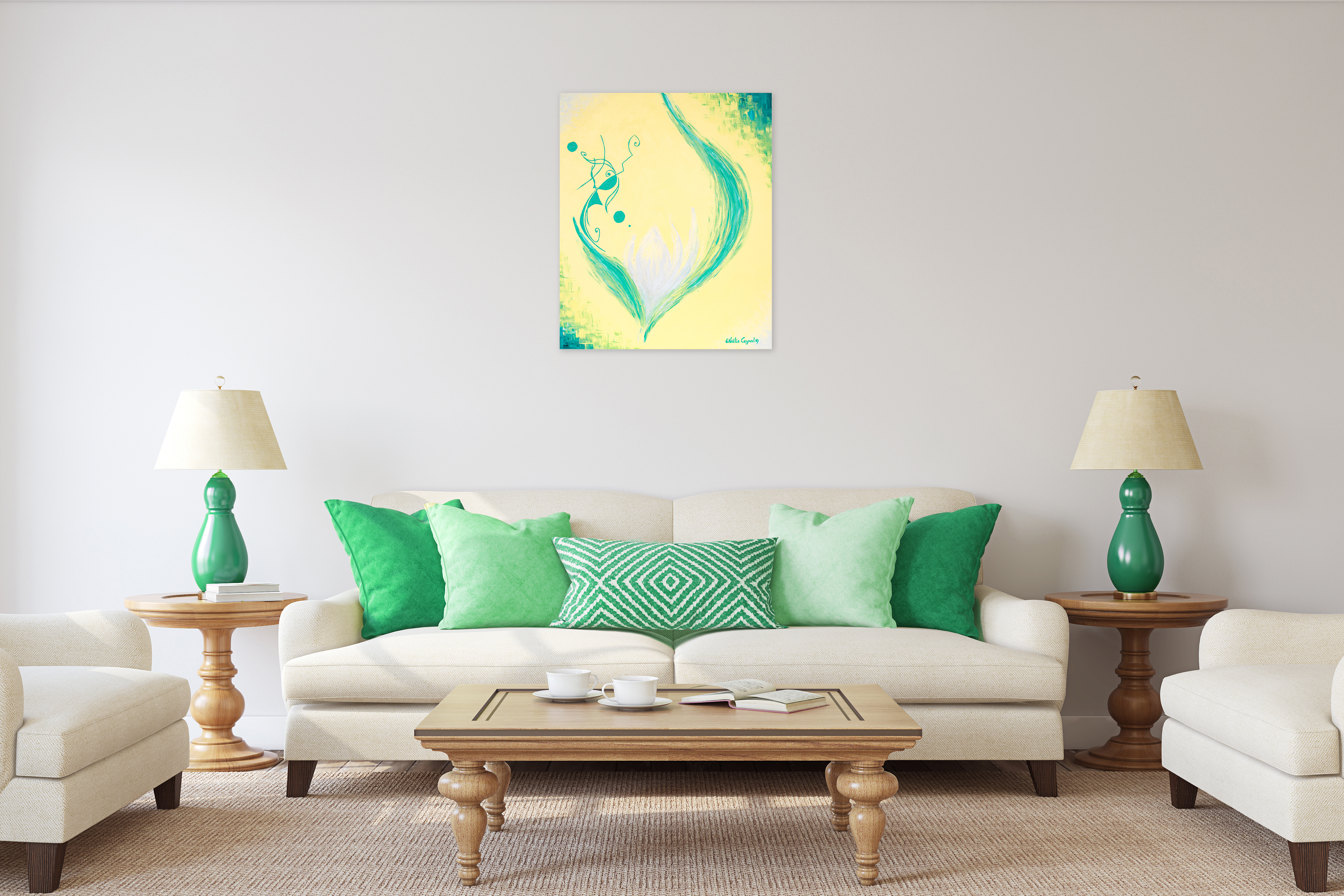 cocoon_of_love_download_of_pure_love_frequencies_by_contemporary_artist_and_painter_noelie_ceyral_white_sofa_with_emerald_green_cushions