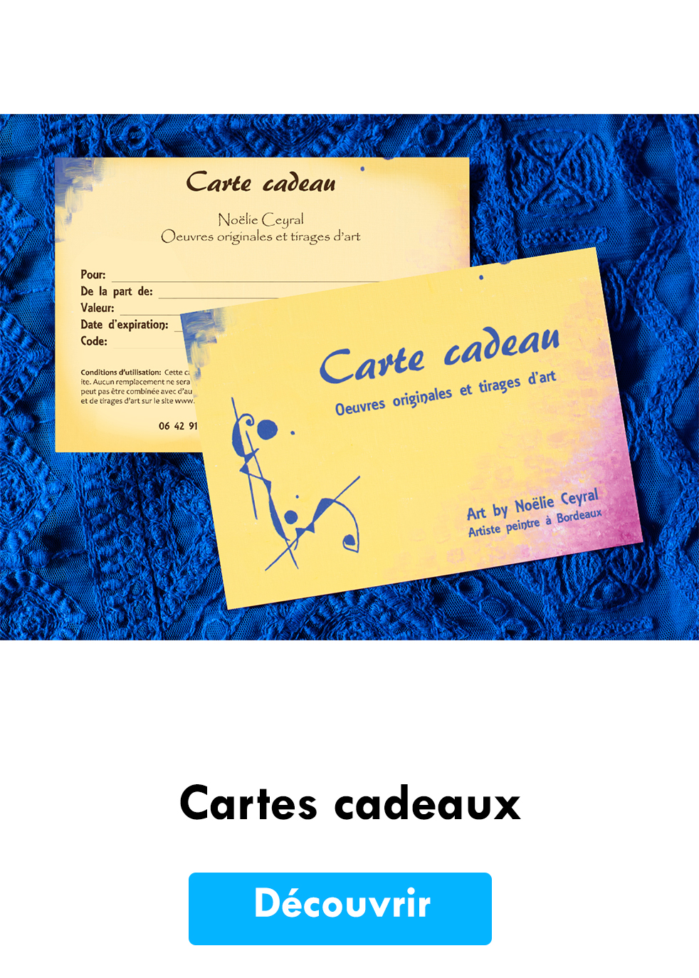 Offrir un tirage d'art ou une oeuvre originale de l'artiste Noëlie Ceyral avec une carte cadeau. Art intuitif abstrait et figuratif pour une déco élégante et originale.